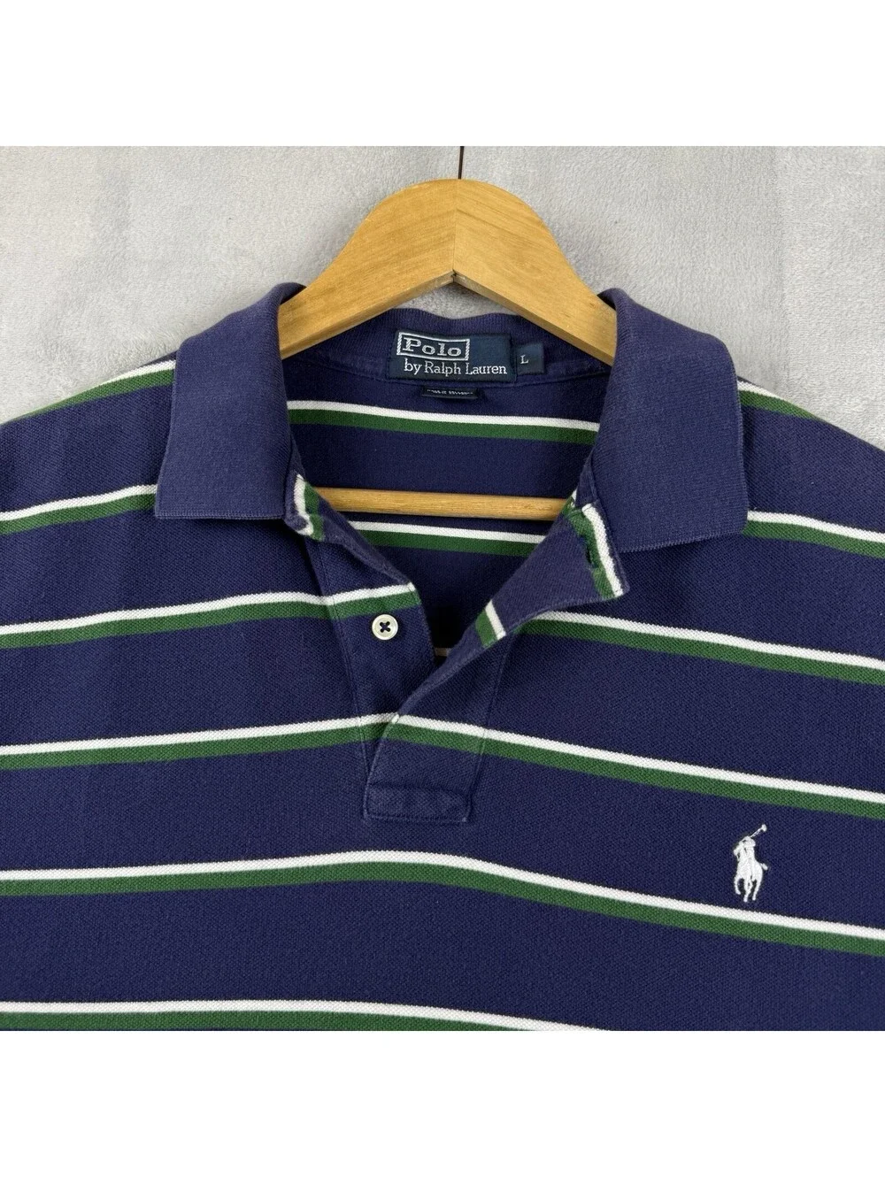 Polo Ralph Lauren Men’s L Navy Green Stripe Polo Shirt Cotton Pony Casual Preppy